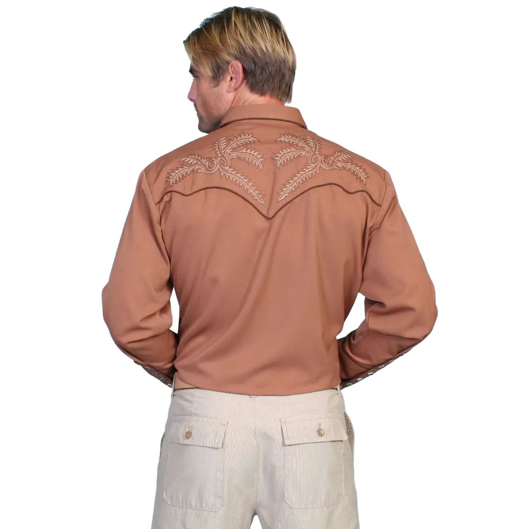 Men's Brown Bootstitch Embroidered Long Sleeve Shirt P-922