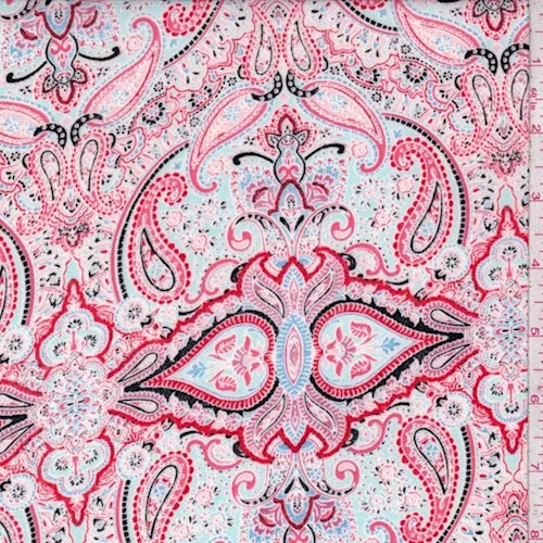 Neon Pink/Spa Blue Stylized Paisley Crepe Georgette Fabric