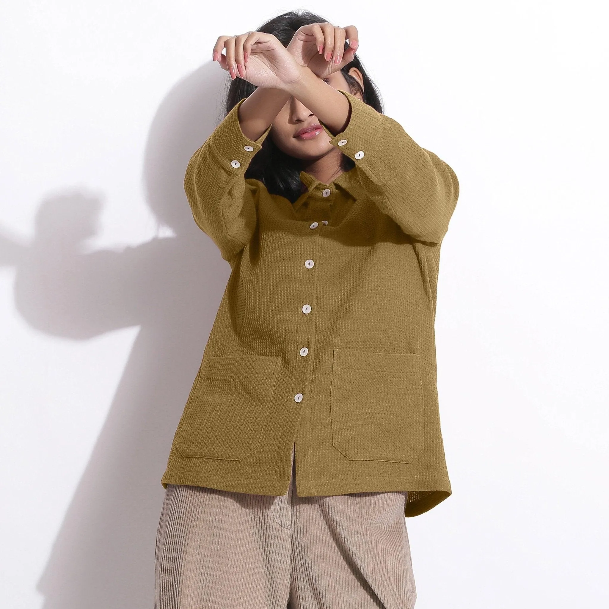 Olive Green Warm Cotton Waffle Button-Down Shirt