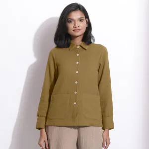 Olive Green Warm Cotton Waffle Button-Down Shirt