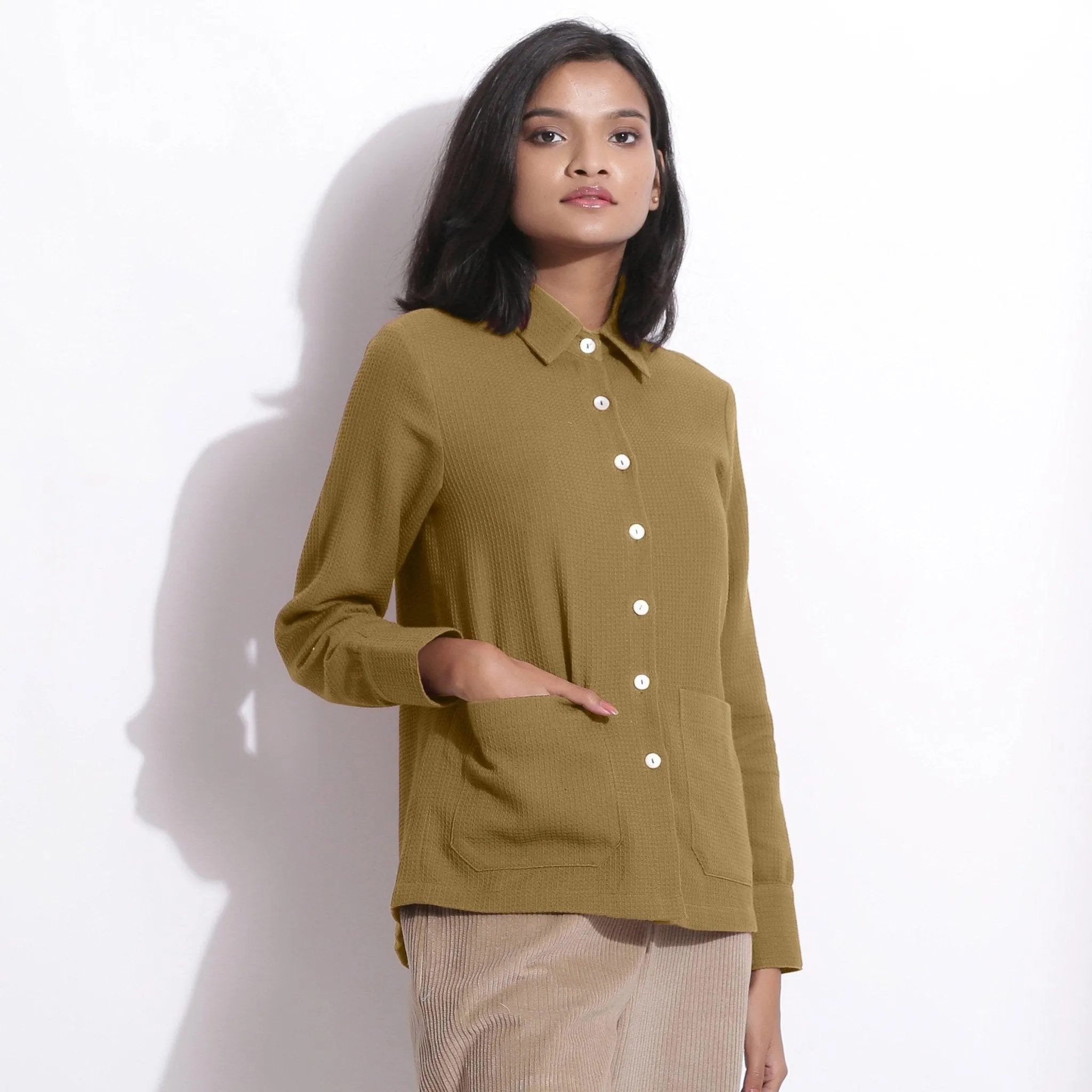 Olive Green Warm Cotton Waffle Button-Down Shirt