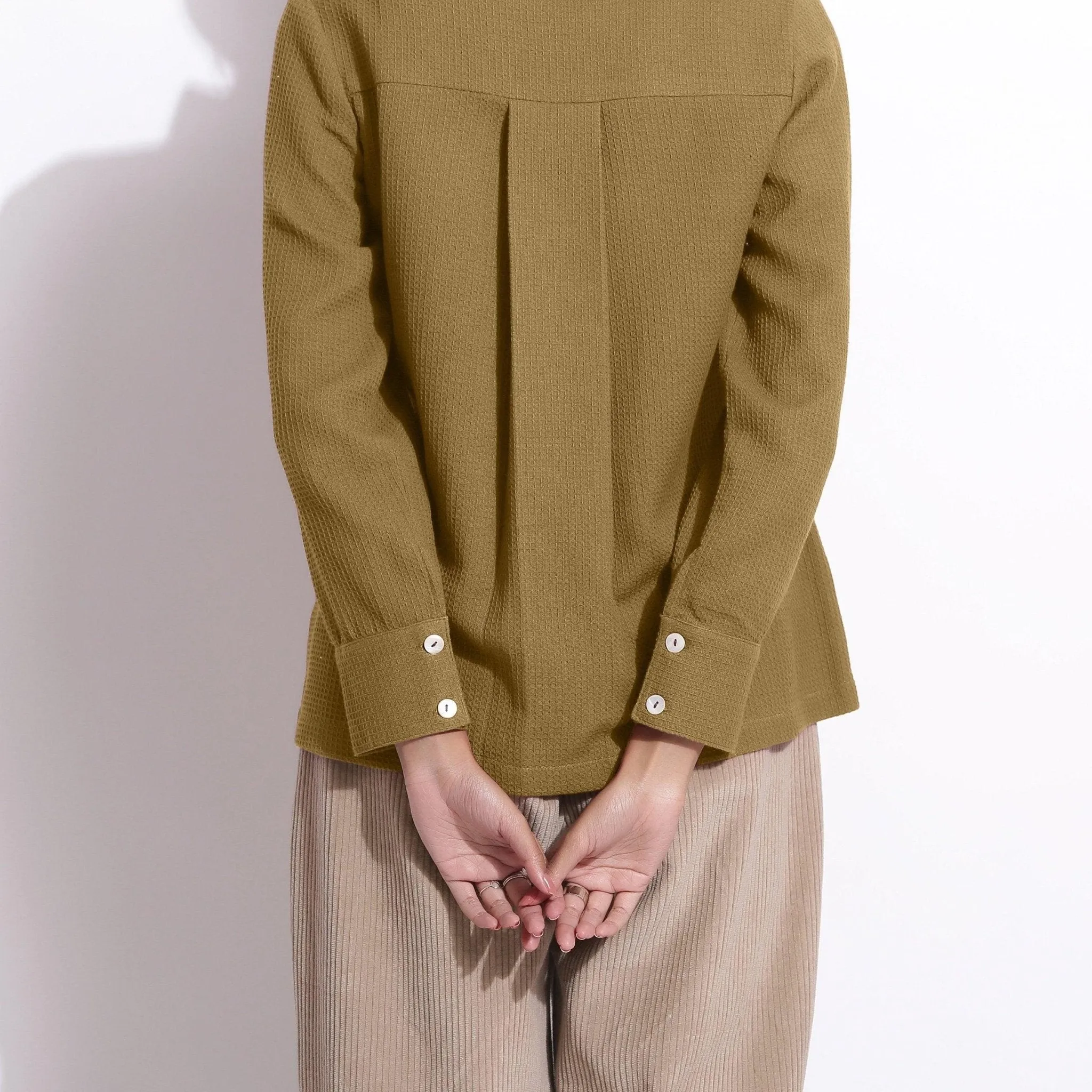 Olive Green Warm Cotton Waffle Button-Down Shirt