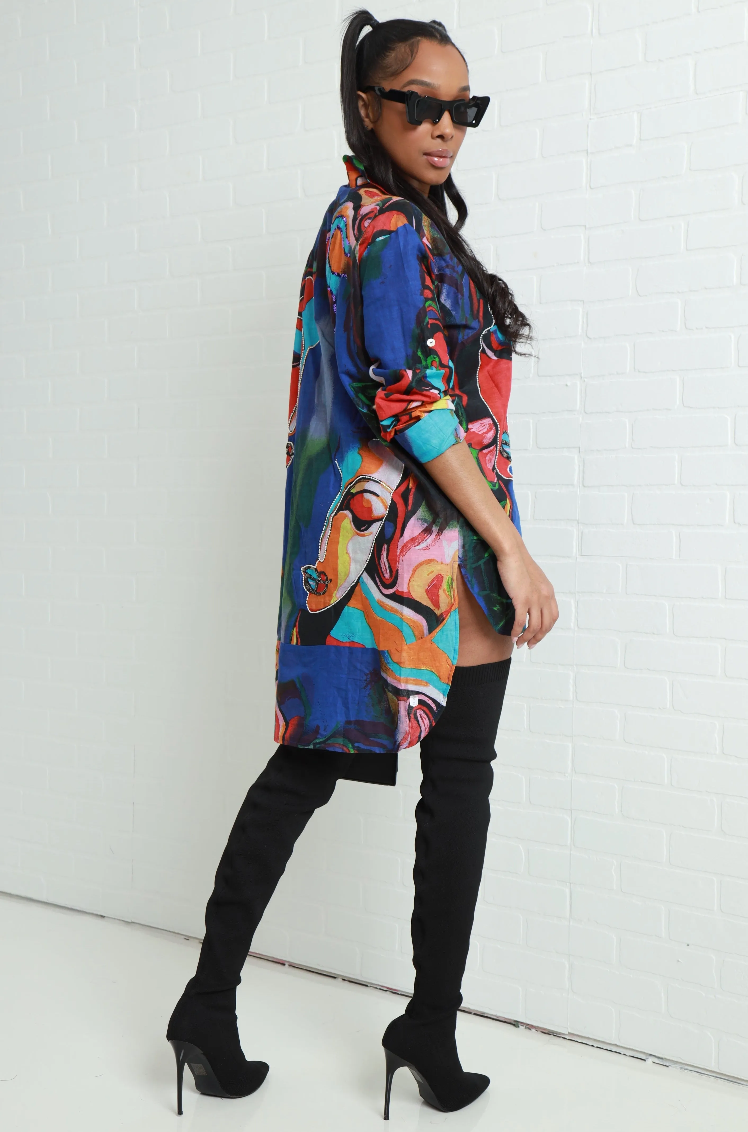 On Display Oversized Graphic Print Blouse - Blue Multicolor