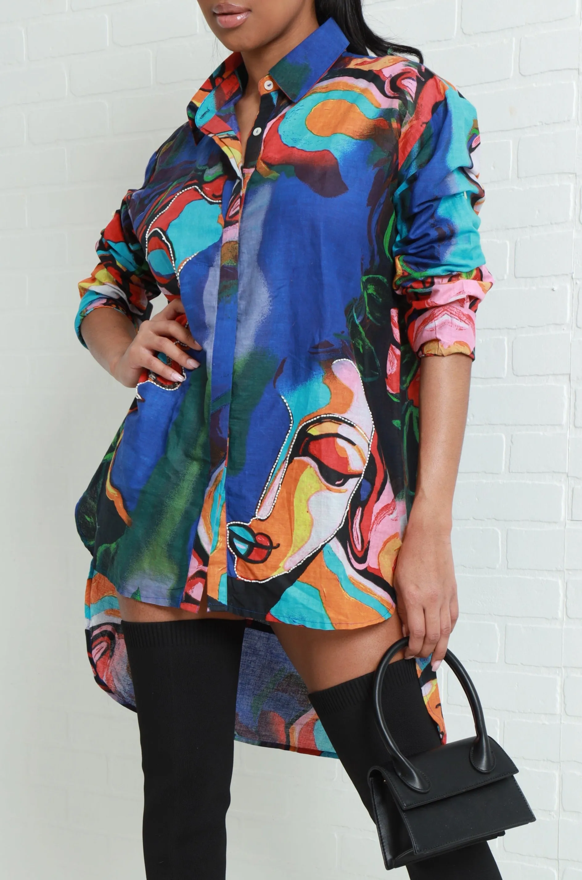 On Display Oversized Graphic Print Blouse - Blue Multicolor