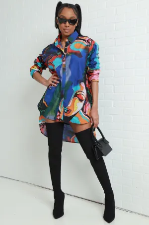 On Display Oversized Graphic Print Blouse - Blue Multicolor