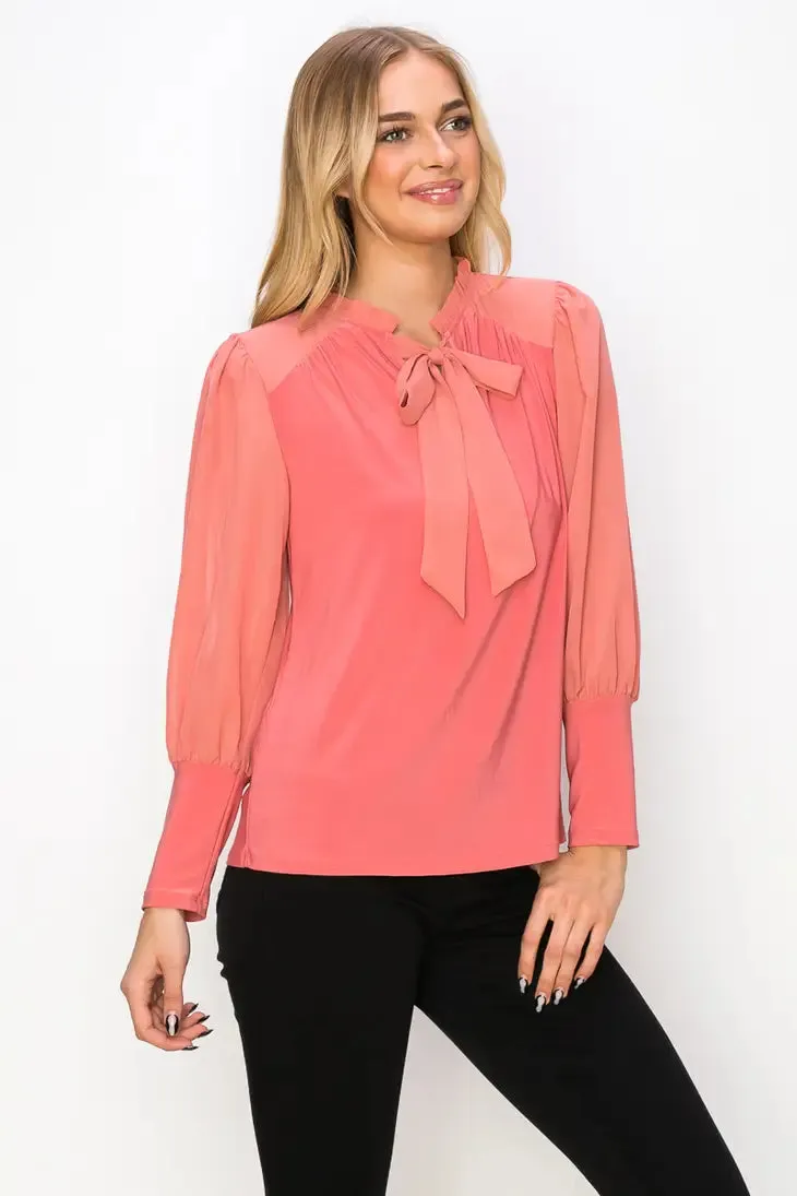 Ruffle Tie Neck Wide Cuff Sleeve Mix Media Blouse