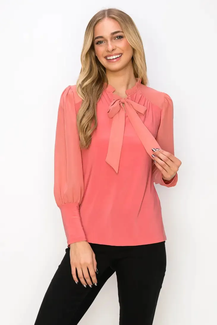 Ruffle Tie Neck Wide Cuff Sleeve Mix Media Blouse