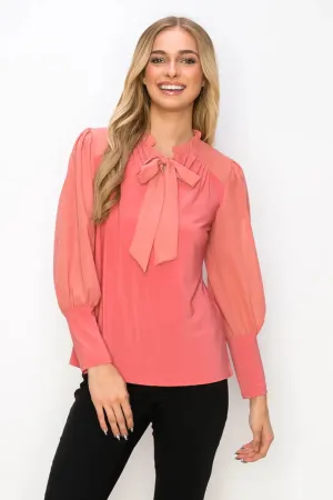 Ruffle Tie Neck Wide Cuff Sleeve Mix Media Blouse