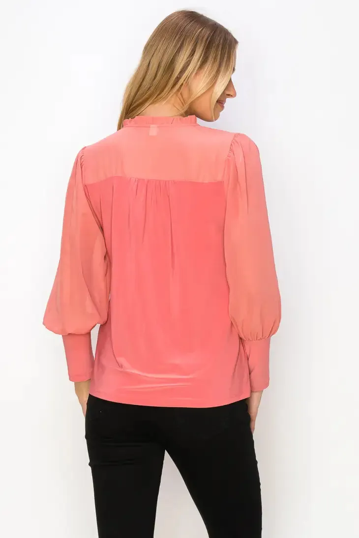 Ruffle Tie Neck Wide Cuff Sleeve Mix Media Blouse