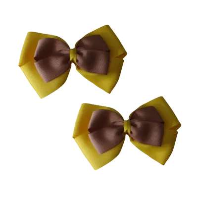 School Hair Accessories - Double Cherish Hair Bow 11cm - Daffodil Yellow Base & Centre Ribbon (24 colours top)