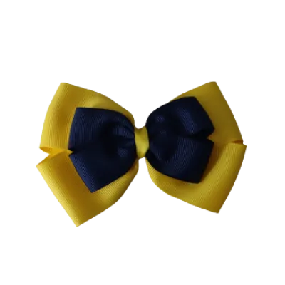 School Hair Accessories - Double Cherish Hair Bow 11cm - Daffodil Yellow Base & Centre Ribbon (24 colours top)