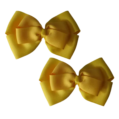 School Hair Accessories - Double Cherish Hair Bow 11cm - Daffodil Yellow Base & Centre Ribbon (24 colours top)