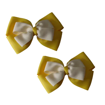 School Hair Accessories - Double Cherish Hair Bow 11cm - Daffodil Yellow Base & Centre Ribbon (24 colours top)