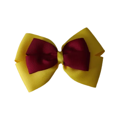 School Hair Accessories - Double Cherish Hair Bow 11cm - Daffodil Yellow Base & Centre Ribbon (24 colours top)