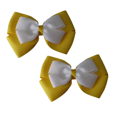 School Hair Accessories - Double Cherish Hair Bow 11cm - Daffodil Yellow Base & Centre Ribbon (24 colours top)