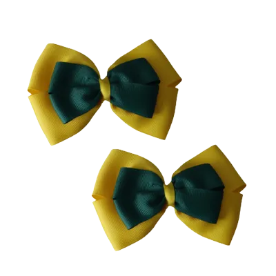 School Hair Accessories - Double Cherish Hair Bow 11cm - Daffodil Yellow Base & Centre Ribbon (24 colours top)