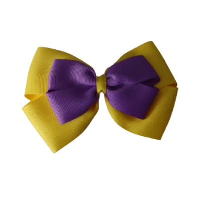 School Hair Accessories - Double Cherish Hair Bow 11cm - Daffodil Yellow Base & Centre Ribbon (24 colours top)