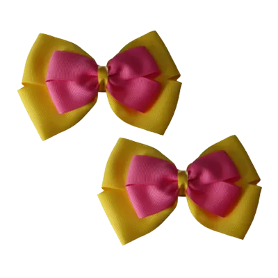 School Hair Accessories - Double Cherish Hair Bow 11cm - Daffodil Yellow Base & Centre Ribbon (24 colours top)