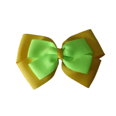 School Hair Accessories - Double Cherish Hair Bow 11cm - Daffodil Yellow Base & Centre Ribbon (24 colours top)