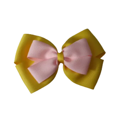 School Hair Accessories - Double Cherish Hair Bow 11cm - Daffodil Yellow Base & Centre Ribbon (24 colours top)