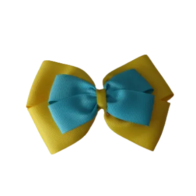 School Hair Accessories - Double Cherish Hair Bow 11cm - Daffodil Yellow Base & Centre Ribbon (24 colours top)