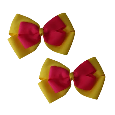 School Hair Accessories - Double Cherish Hair Bow 11cm - Daffodil Yellow Base & Centre Ribbon (24 colours top)