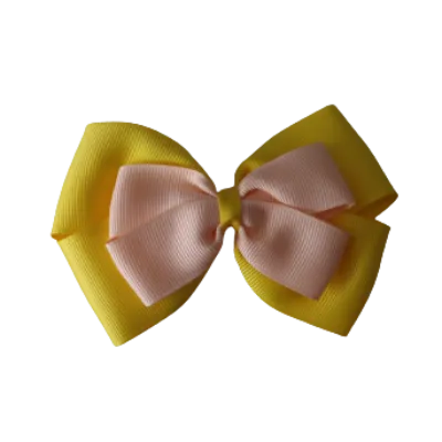 School Hair Accessories - Double Cherish Hair Bow 11cm - Daffodil Yellow Base & Centre Ribbon (24 colours top)