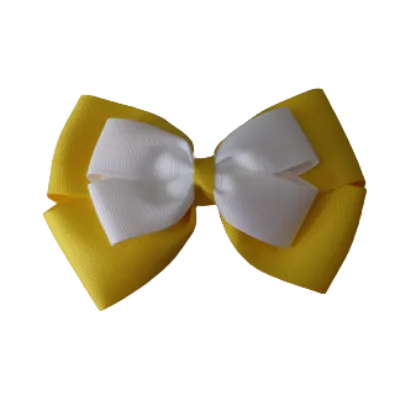 School Hair Accessories - Double Cherish Hair Bow 11cm - Daffodil Yellow Base & Centre Ribbon (24 colours top)