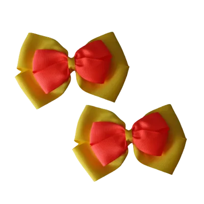 School Hair Accessories - Double Cherish Hair Bow 11cm - Daffodil Yellow Base & Centre Ribbon (24 colours top)