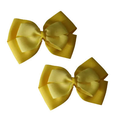 School Hair Accessories - Double Cherish Hair Bow 11cm - Daffodil Yellow Base & Centre Ribbon (24 colours top)