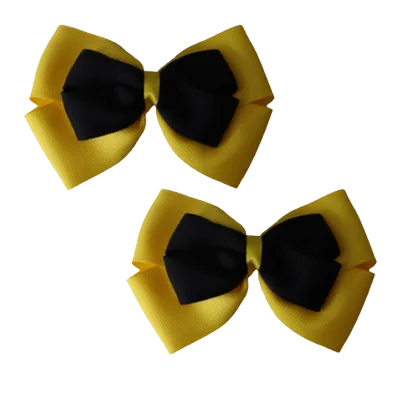 School Hair Accessories - Double Cherish Hair Bow 11cm - Daffodil Yellow Base & Centre Ribbon (24 colours top)