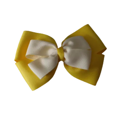 School Hair Accessories - Double Cherish Hair Bow 11cm - Daffodil Yellow Base & Centre Ribbon (24 colours top)