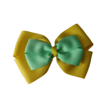 School Hair Accessories - Double Cherish Hair Bow 11cm - Daffodil Yellow Base & Centre Ribbon (24 colours top)