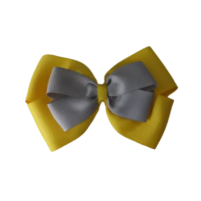 School Hair Accessories - Double Cherish Hair Bow 11cm - Daffodil Yellow Base & Centre Ribbon (24 colours top)