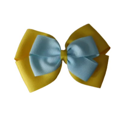 School Hair Accessories - Double Cherish Hair Bow 11cm - Daffodil Yellow Base & Centre Ribbon (24 colours top)