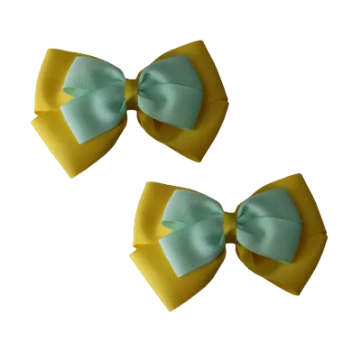 School Hair Accessories - Double Cherish Hair Bow 11cm - Daffodil Yellow Base & Centre Ribbon (24 colours top)