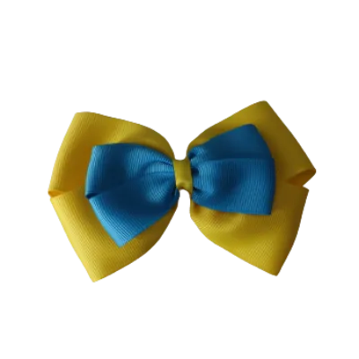 School Hair Accessories - Double Cherish Hair Bow 11cm - Daffodil Yellow Base & Centre Ribbon (24 colours top)