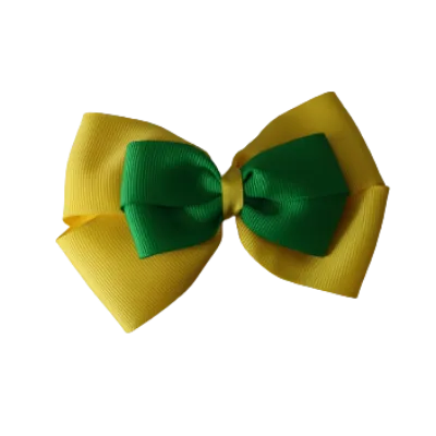 School Hair Accessories - Double Cherish Hair Bow 11cm - Daffodil Yellow Base & Centre Ribbon (24 colours top)