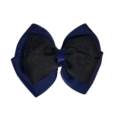 School Hair Accessories - Double Cherish Hair Bow 9cm - Navy Blue Base & Centre Ribbon (24 colours top)