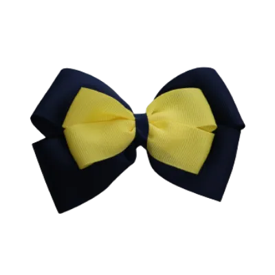 School Hair Accessories - Double Cherish Hair Bow 9cm - Navy Blue Base & Centre Ribbon (24 colours top)