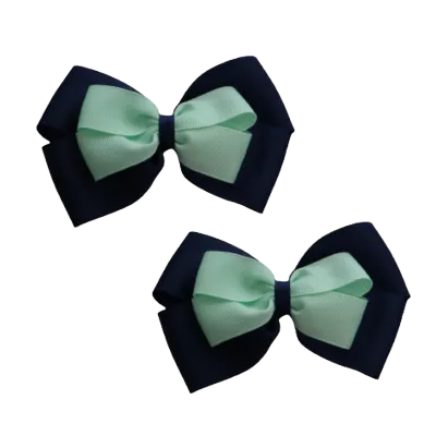 School Hair Accessories - Double Cherish Hair Bow 9cm - Navy Blue Base & Centre Ribbon (24 colours top)