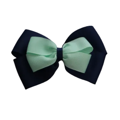 School Hair Accessories - Double Cherish Hair Bow 9cm - Navy Blue Base & Centre Ribbon (24 colours top)