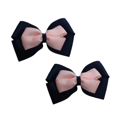 School Hair Accessories - Double Cherish Hair Bow 9cm - Navy Blue Base & Centre Ribbon (24 colours top)