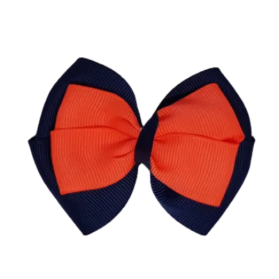 School Hair Accessories - Double Cherish Hair Bow 9cm - Navy Blue Base & Centre Ribbon (24 colours top)