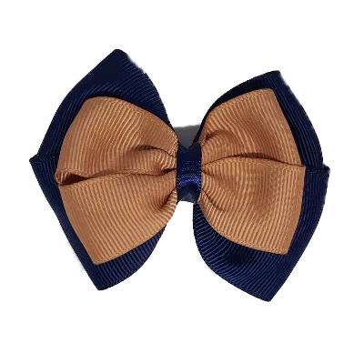 School Hair Accessories - Double Cherish Hair Bow 9cm - Navy Blue Base & Centre Ribbon (24 colours top)