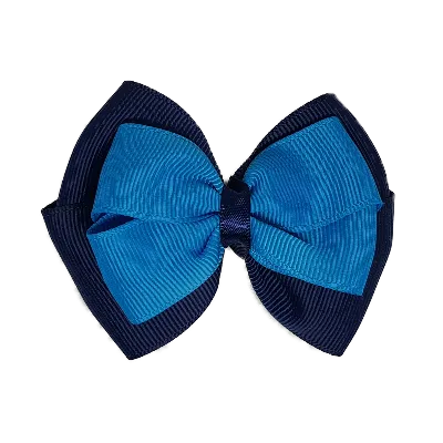 School Hair Accessories - Double Cherish Hair Bow 9cm - Navy Blue Base & Centre Ribbon (24 colours top)