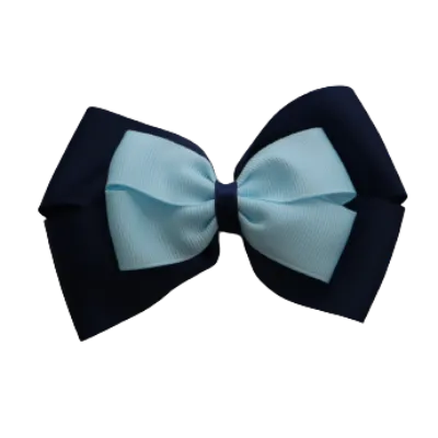 School Hair Accessories - Double Cherish Hair Bow 9cm - Navy Blue Base & Centre Ribbon (24 colours top)