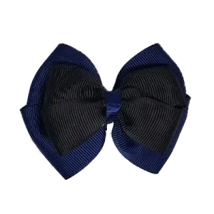 School Hair Accessories - Double Cherish Hair Bow 9cm - Navy Blue Base & Centre Ribbon (24 colours top)