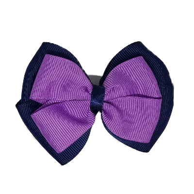 School Hair Accessories - Double Cherish Hair Bow 9cm - Navy Blue Base & Centre Ribbon (24 colours top)