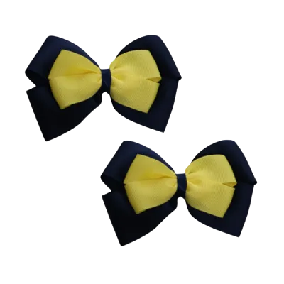 School Hair Accessories - Double Cherish Hair Bow 9cm - Navy Blue Base & Centre Ribbon (24 colours top)